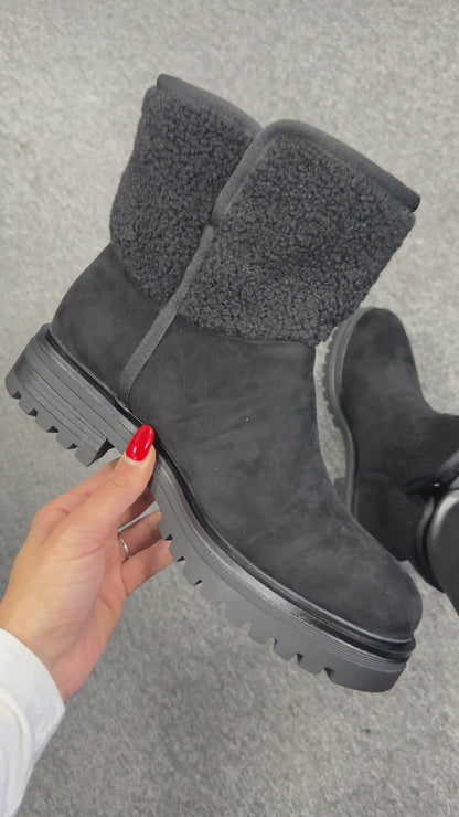 Xeno Black Teddy Detail Trim Ankle Boots