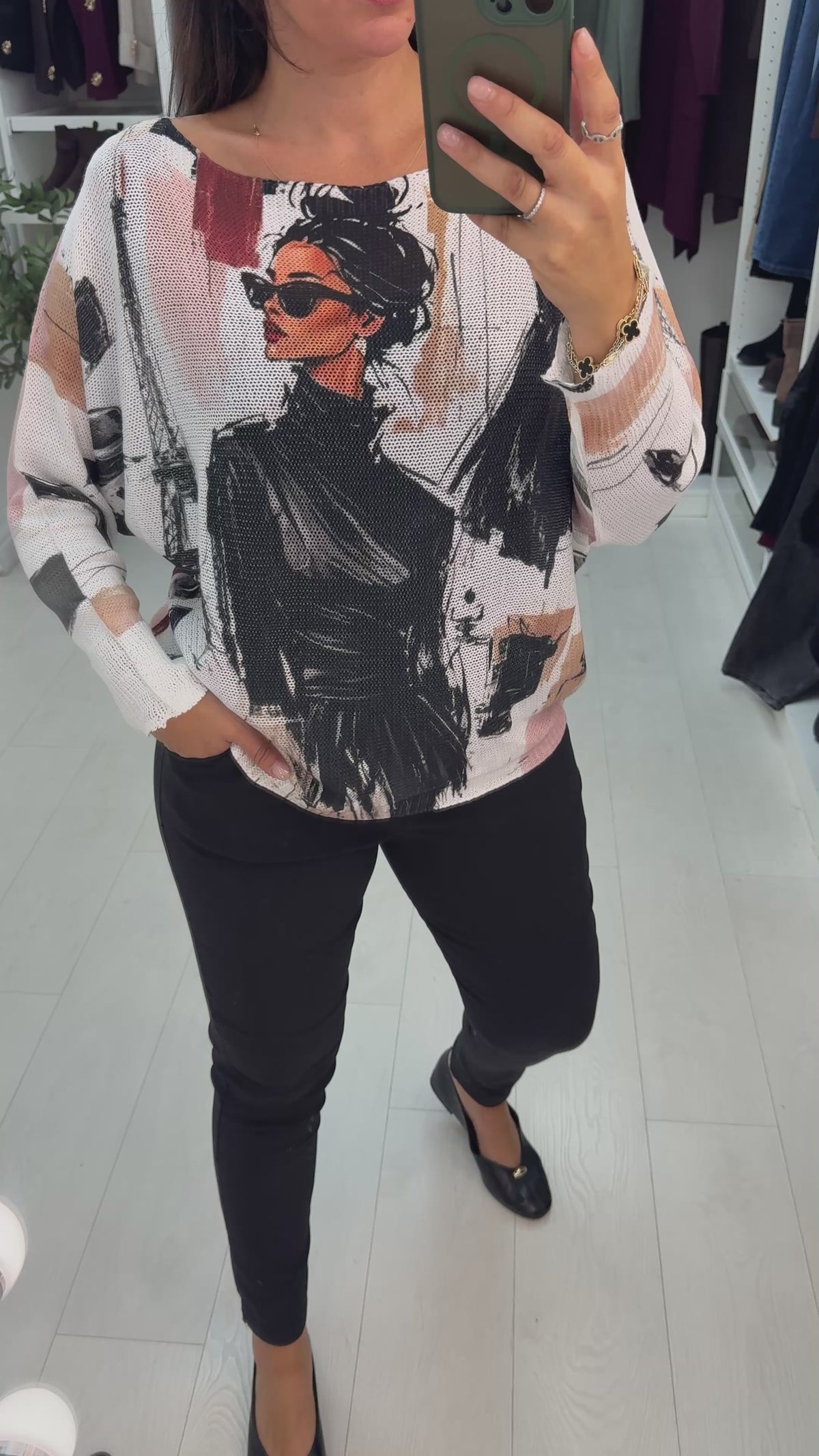 Load video: Candella Paris Print Batwing Top