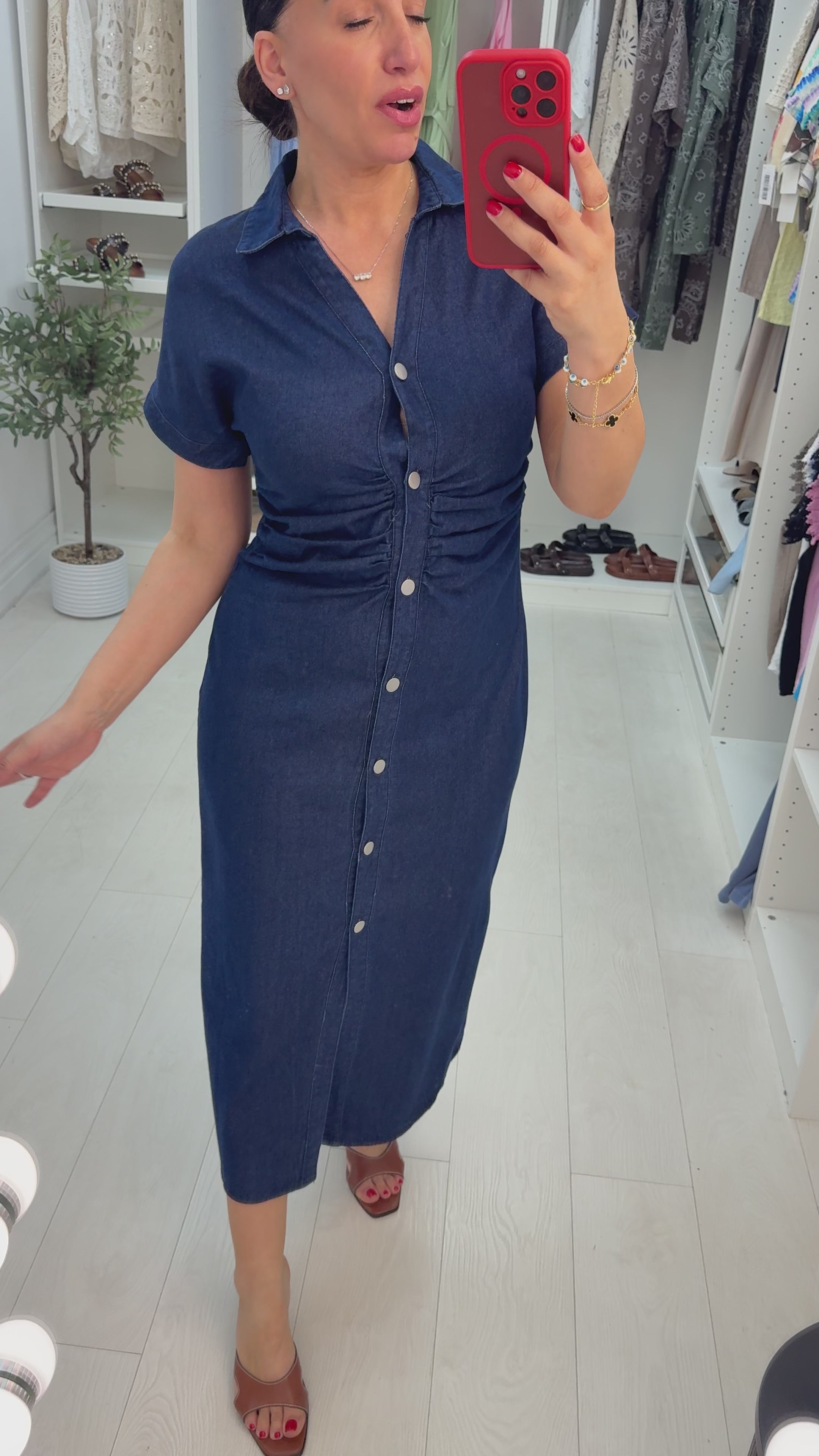 Greer Ruched Denim Look Midi Dress