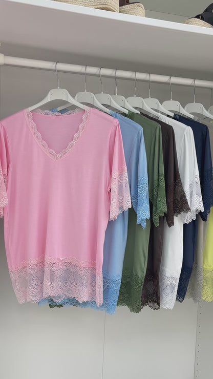 Lola Plain Lace Trim Short Sleeve Top