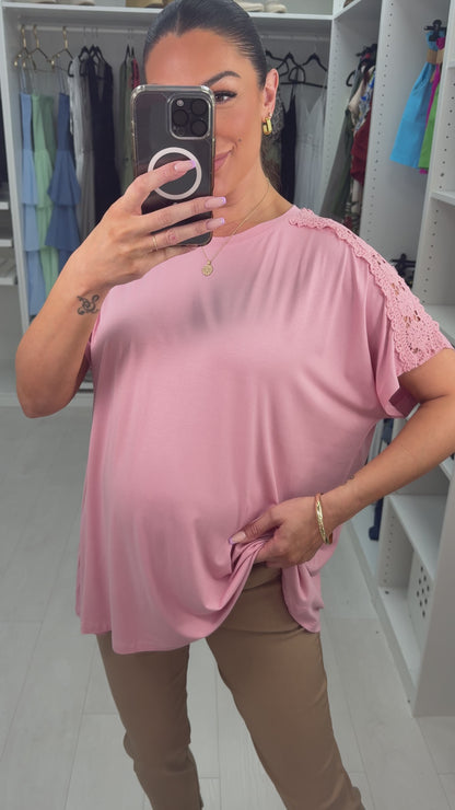 Miley Plain Floral Crochet Detailed T-Shirt