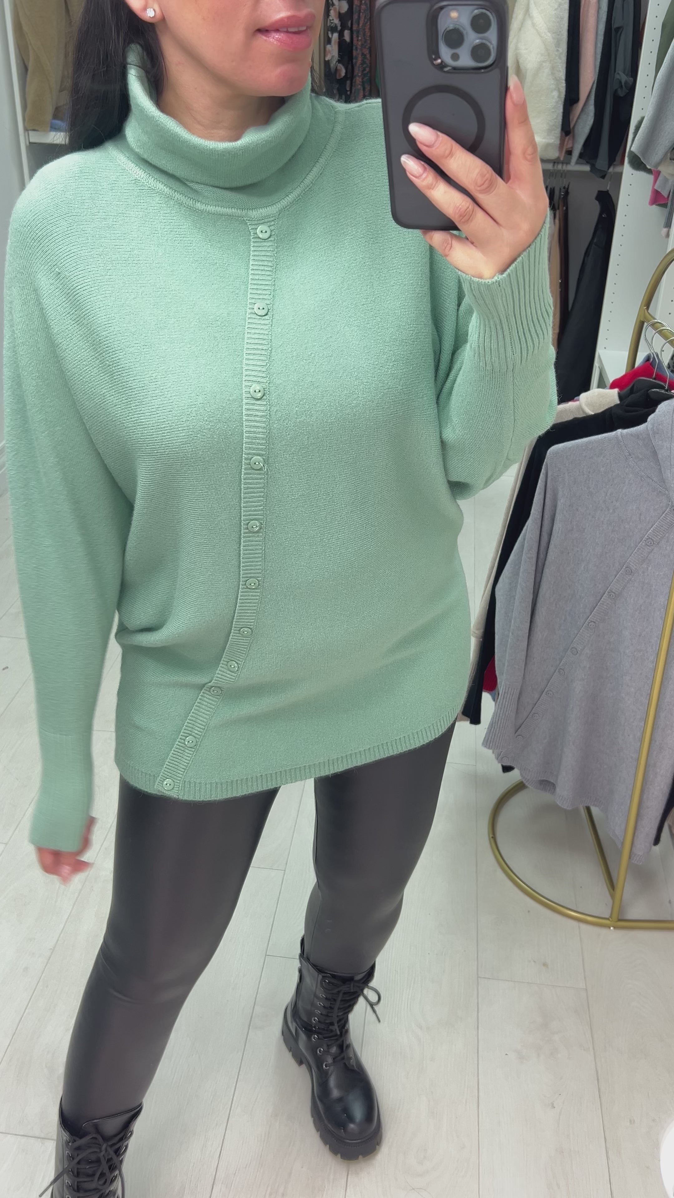 Selda Asymmetric Button Detailed Roll Neck Knit Jumper