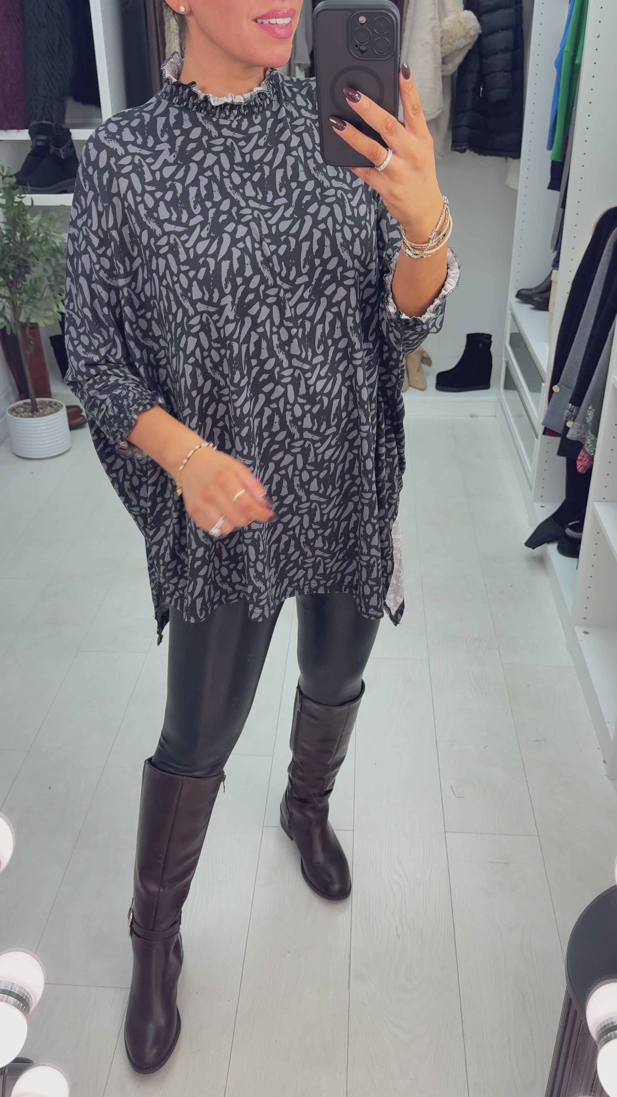 Load video: Tessy Abstract Print Loose Fit Asymmetric Jumper