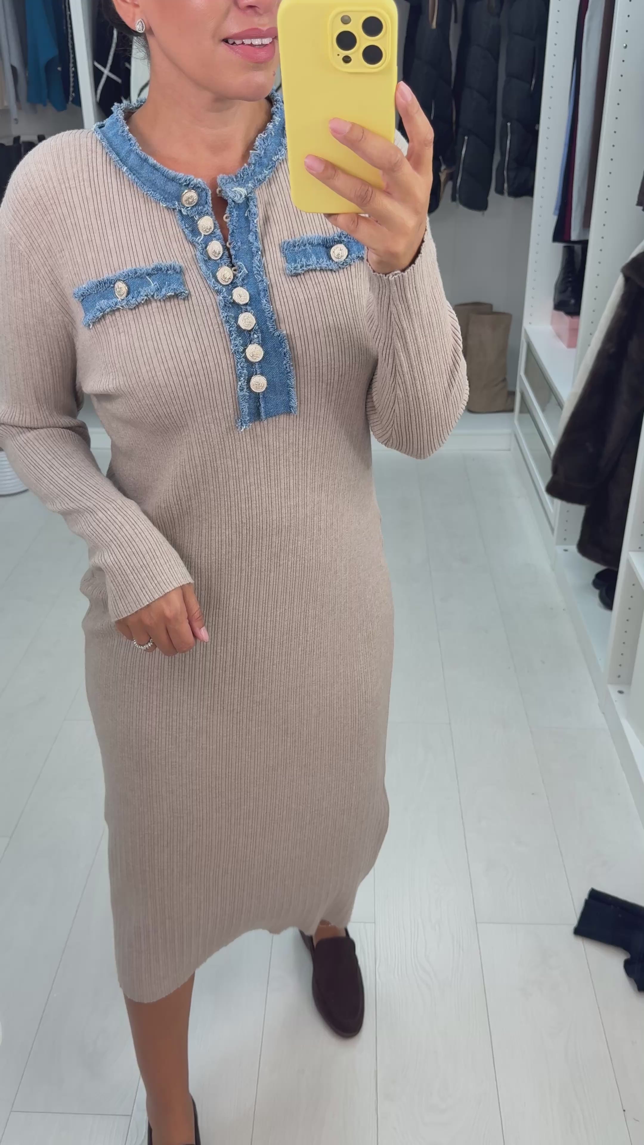 Load video: Aleena Ribbed Denim Detail Midi Dress