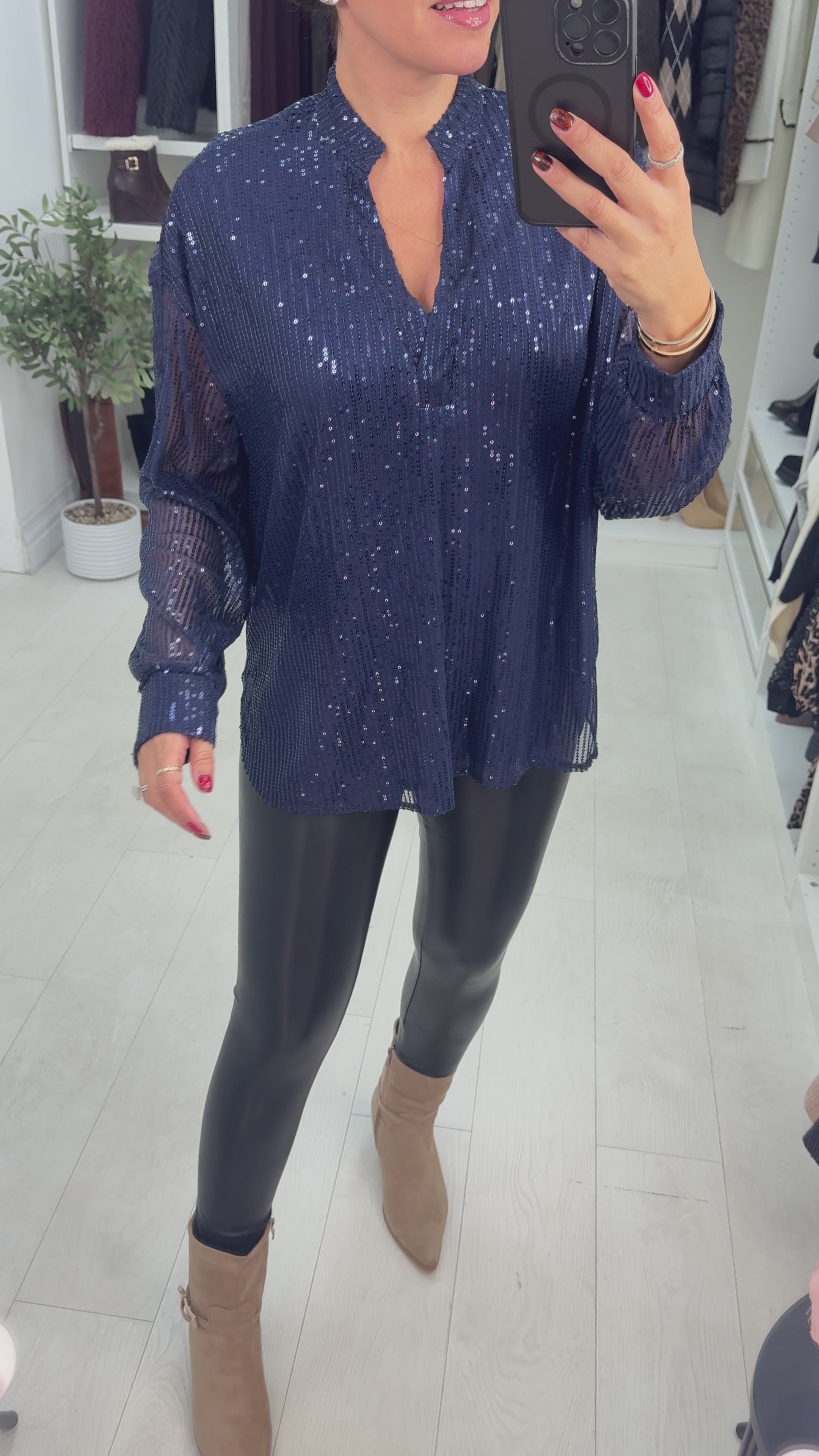 Load video: Raegan Sequin Embellished V Neck Top