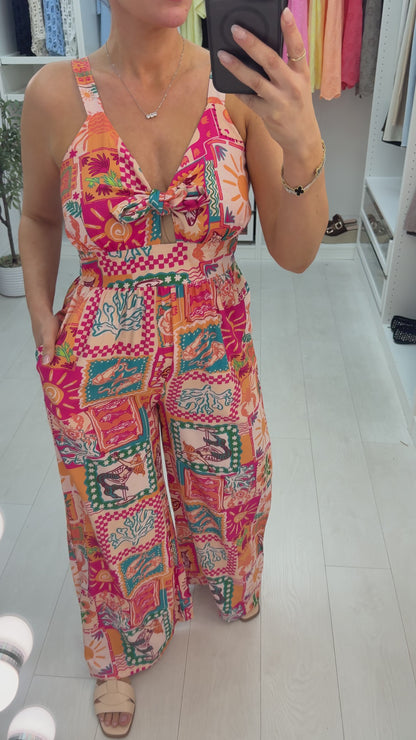 Leigh Abstract Print Tie Front Jumpsuit