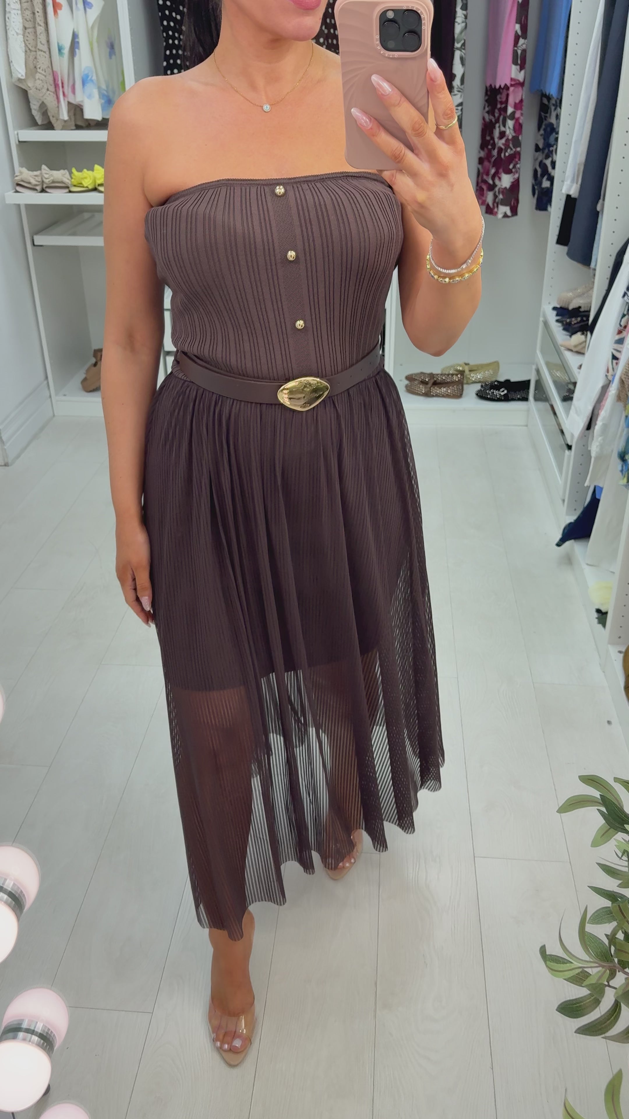 Load video: Beverley Ribbed &amp; Mesh Bardot Midi Dress