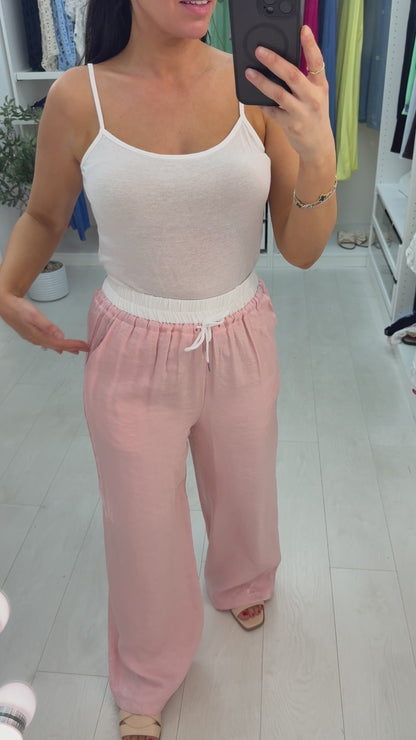 Doreen Plain Contrast Waistband Wide Leg Trousers