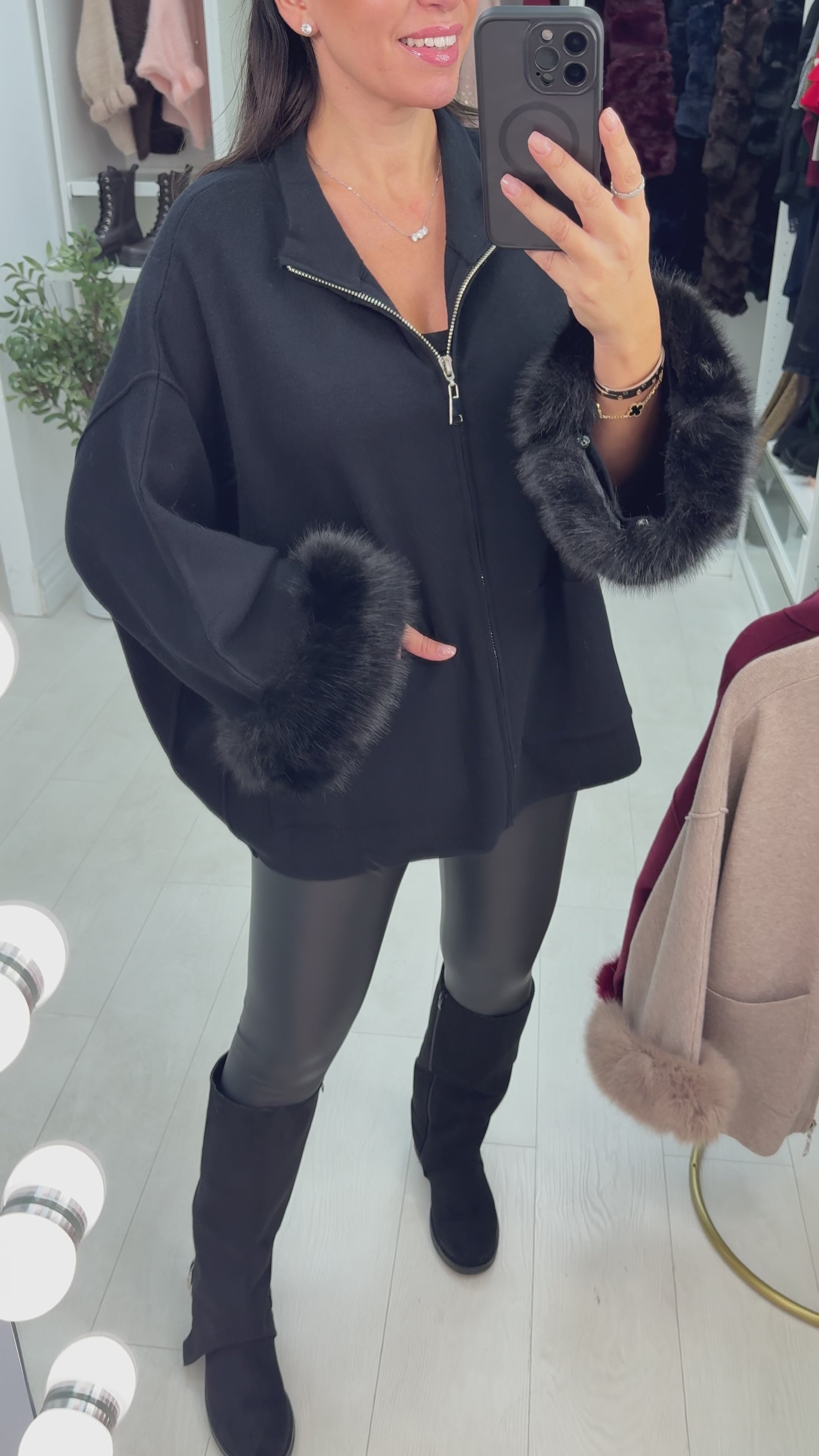 Raquel Faux Fur Cuff Zip Front Cardigan