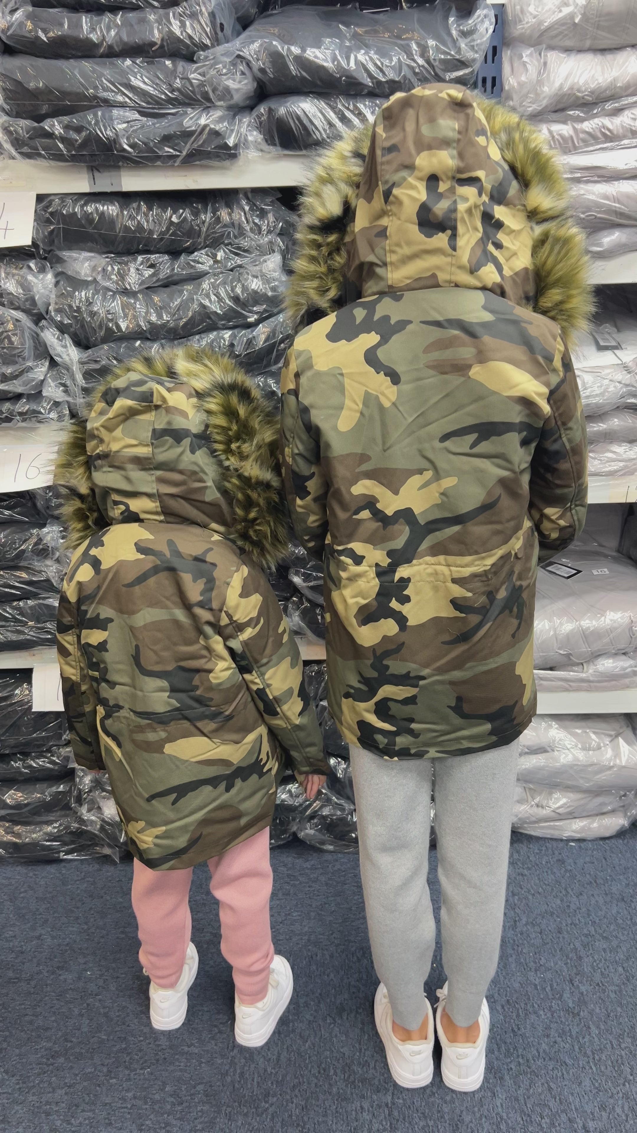 Load video: Sofia Kids Khaki Faux Fur Camouflage Coat
