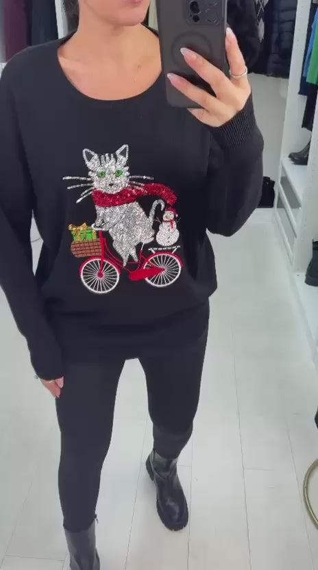 Load video: Sophia Sequin Cat Embellished Loose Fit Jumper