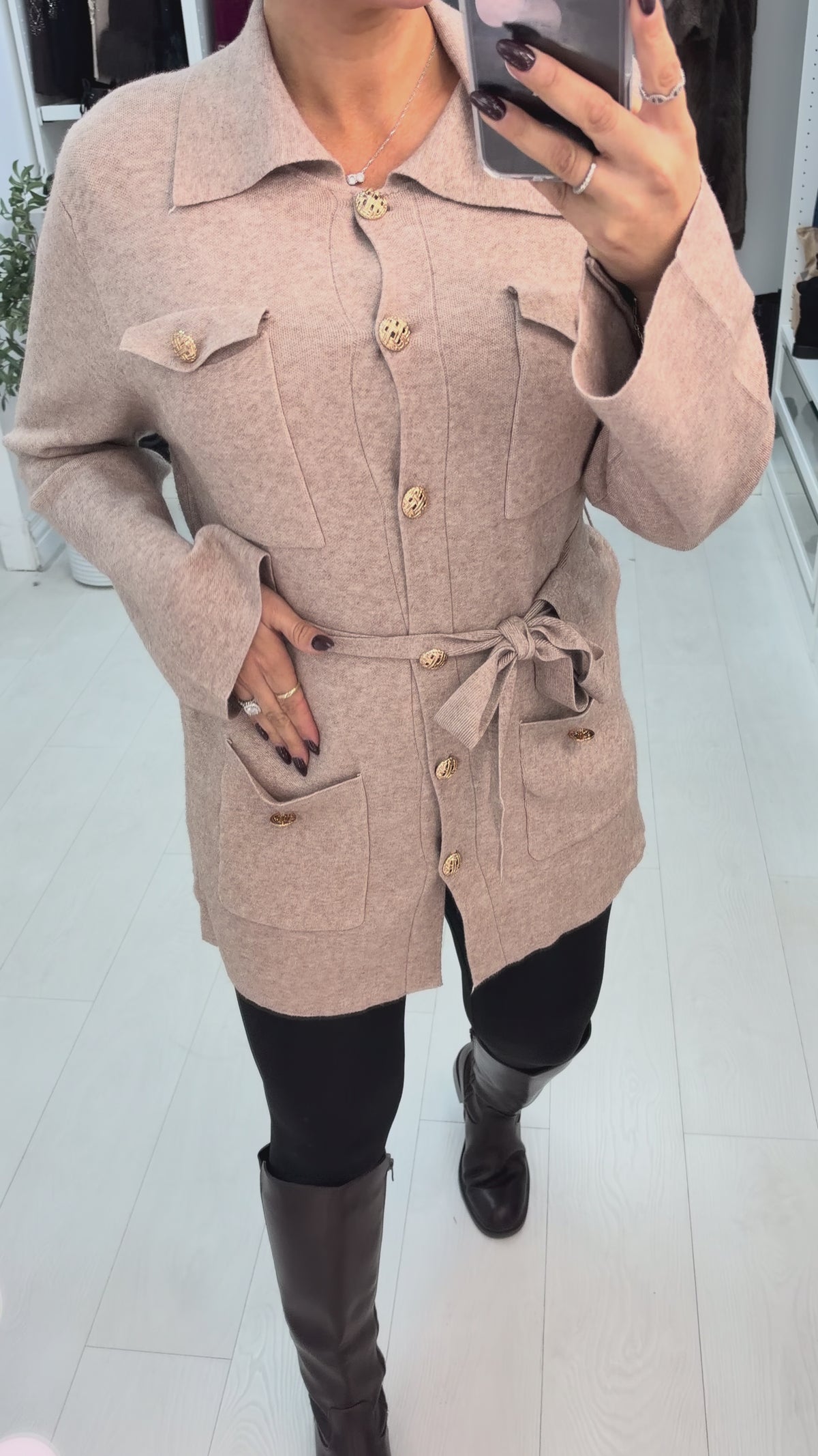 Danela Button Front Belted Longline Collared Jumper