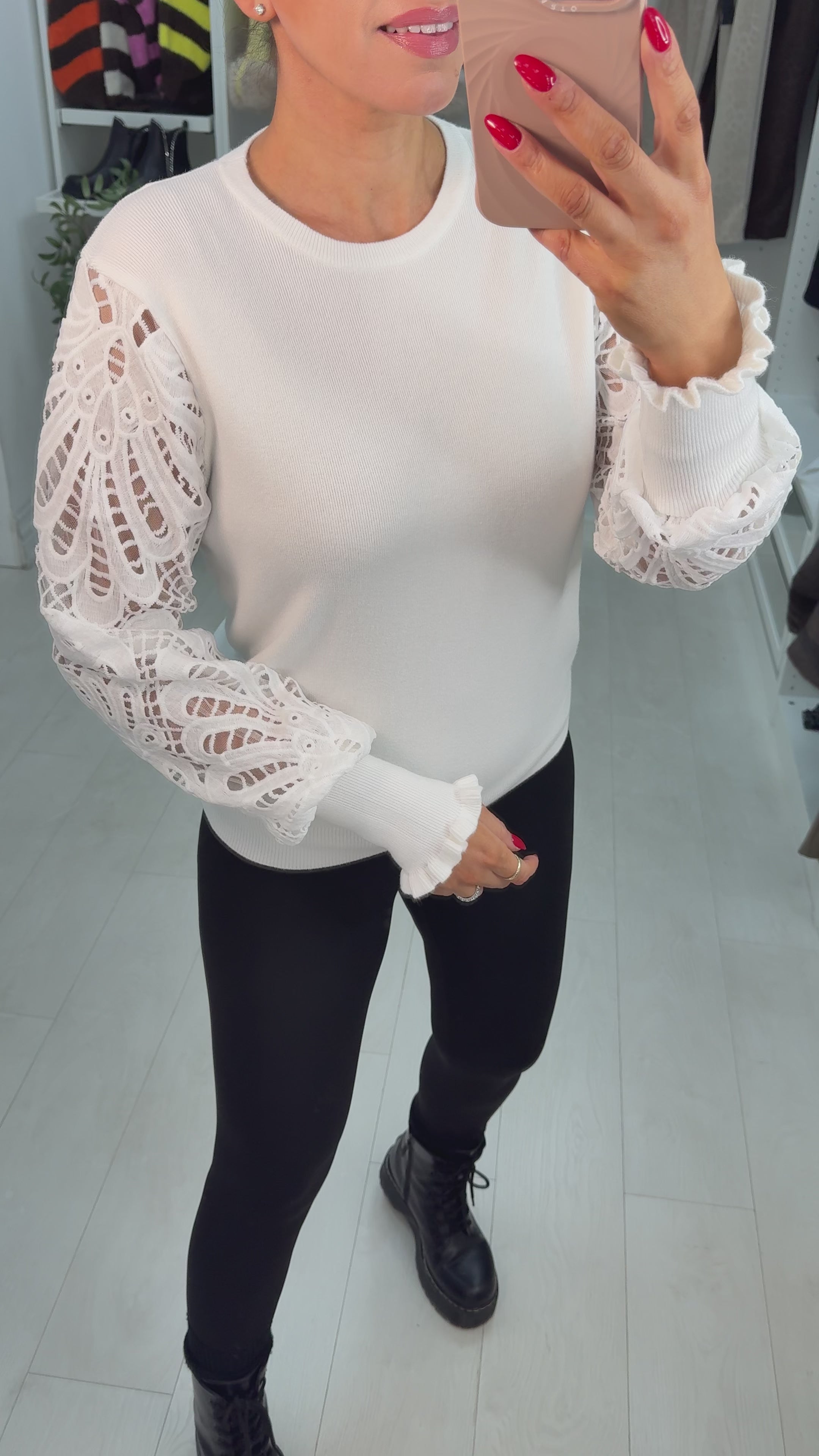 Load video: Kandise Floral Lace Sleeves Detailed Jumper