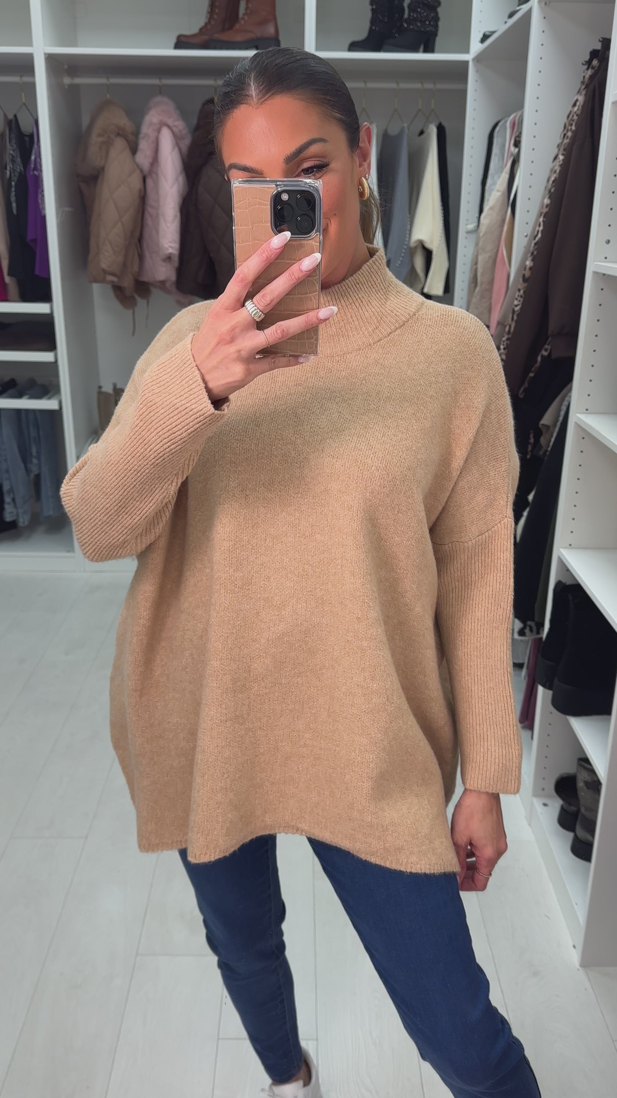Load video: Paula Plain Oversized High Neck Jumper