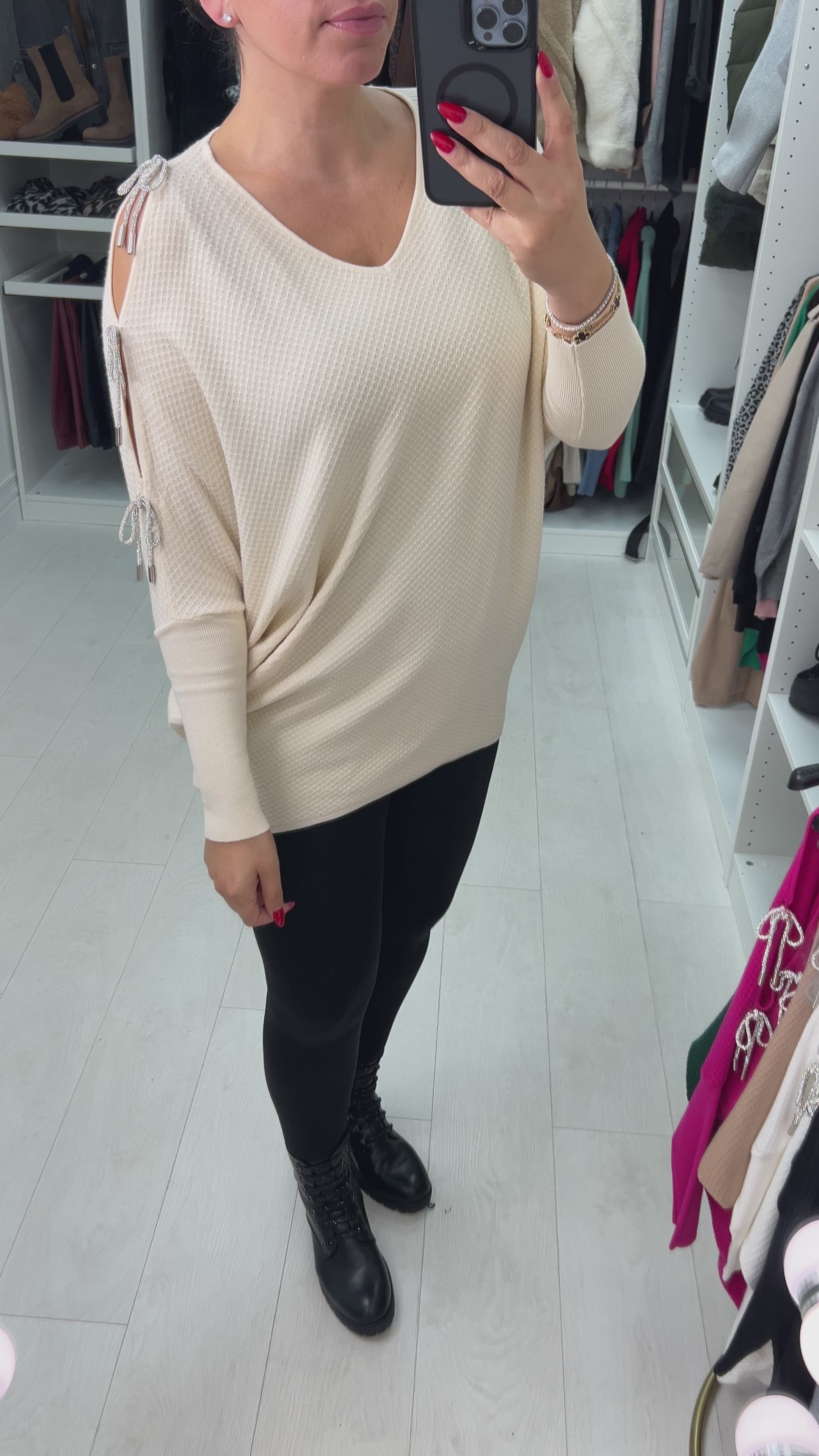 Adria Cold Shoulder Metallic Diamante Bow Jumper