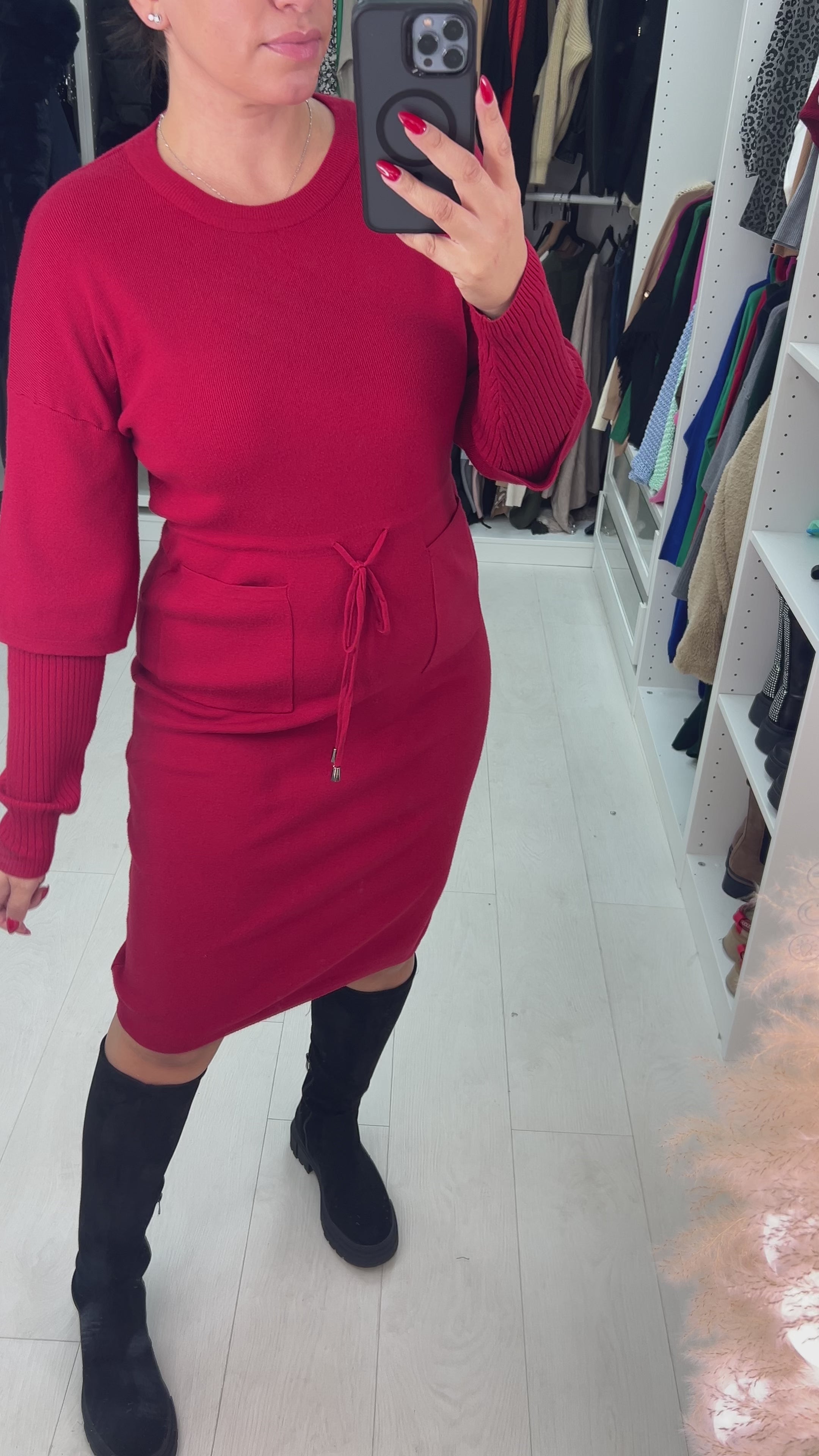 Pebbles Plain Pocket Detailed Toggle Cinched Waist Knit Jumper Dress