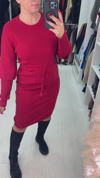 Pebbles Plain Pocket Detailed Toggle Cinched Waist Knit Jumper Dress