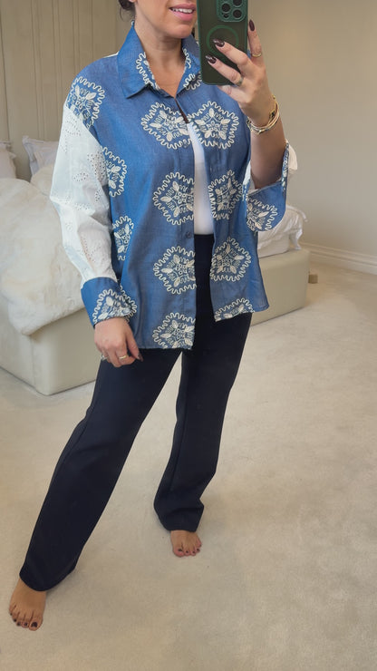Darcy Embroidered Denim Dipped Hem Shirt