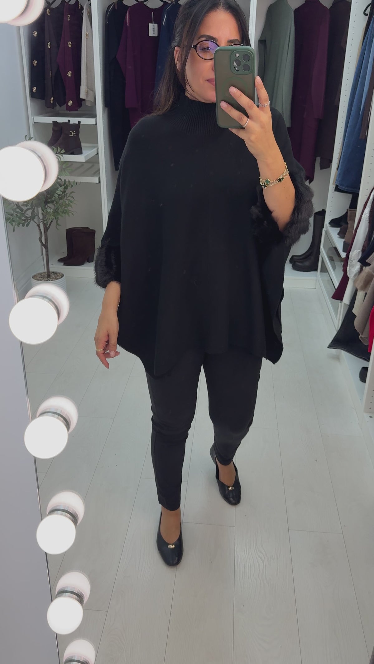 Load video: Pheobe Plain High Neck Faux Fur Detail Poncho
