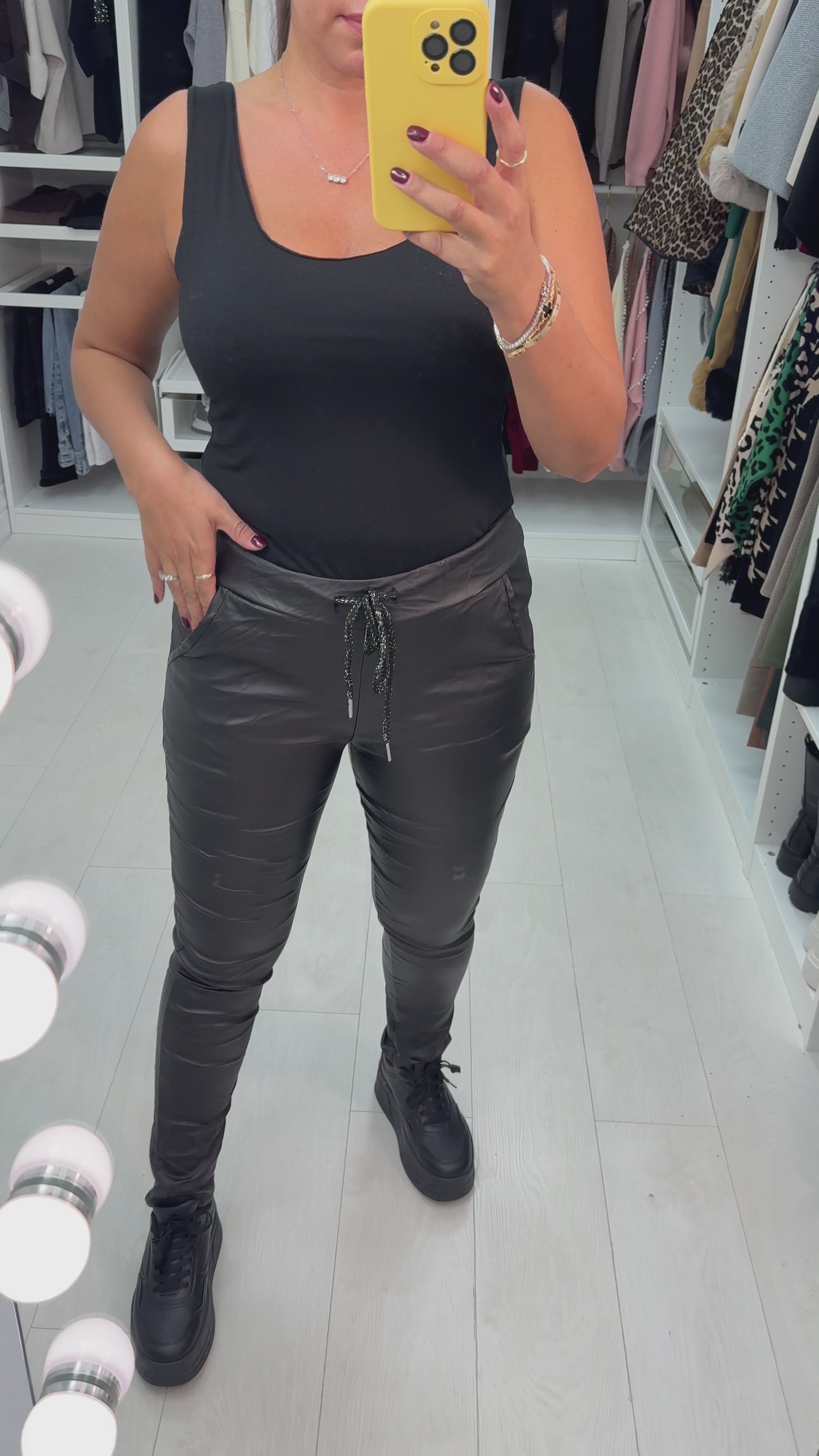 Load video: Otila Faux Leather Creased Effect Joggers