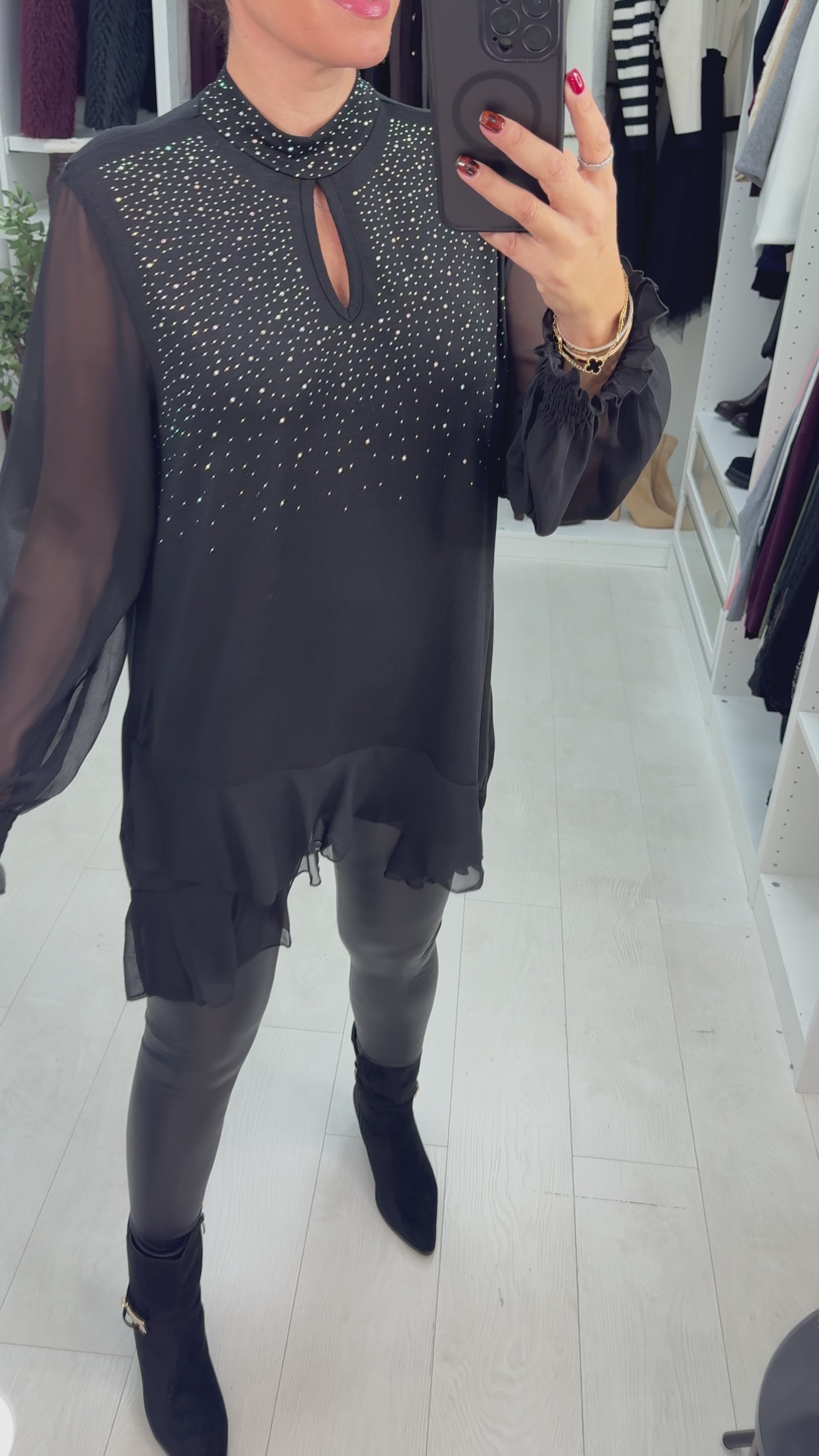 Load video: Imania Embellished Loose Fit Longline Mesh Detailed Top