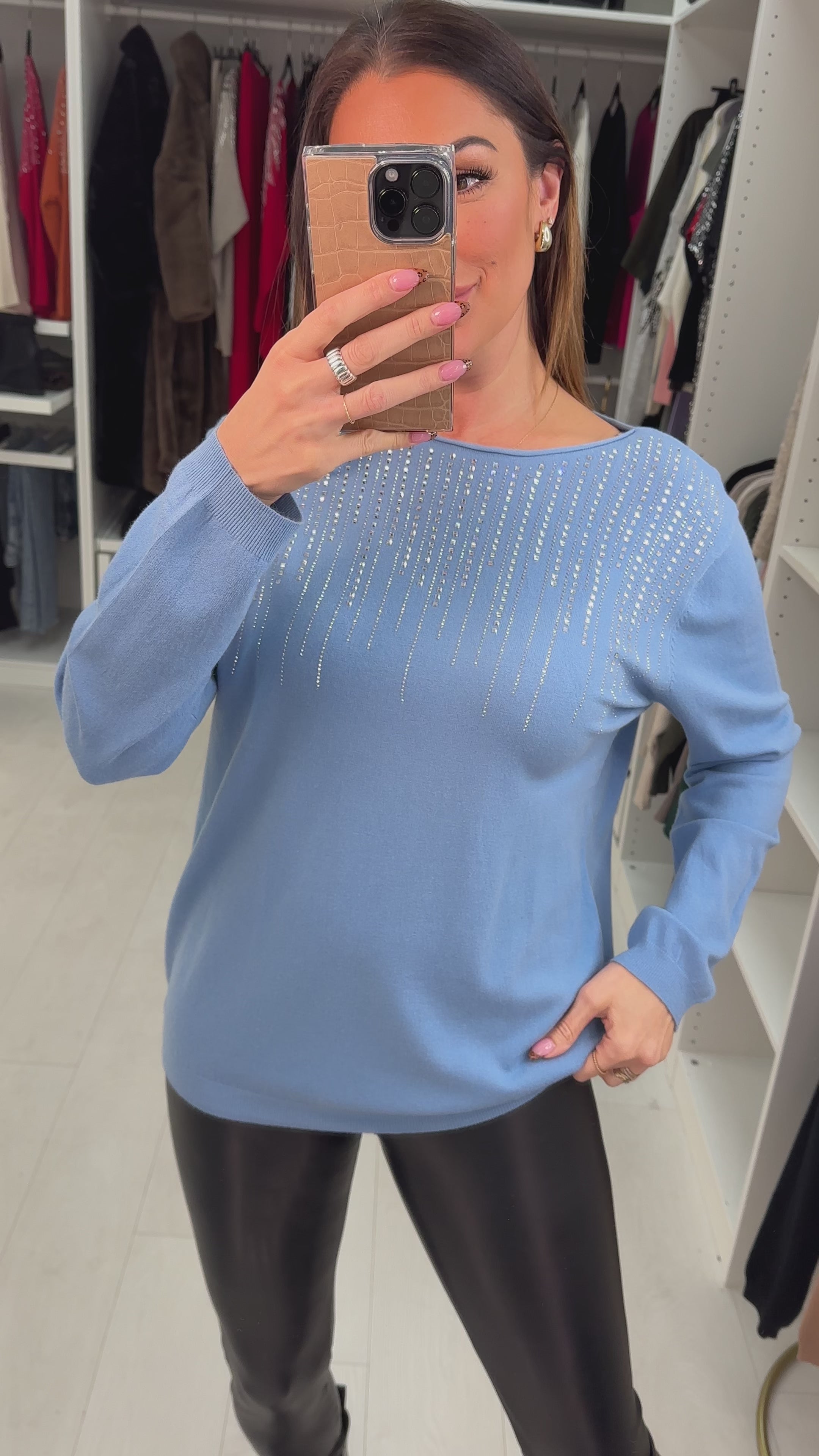 Load video: Kallie Diamante Embellished Thin Knit Jumper
