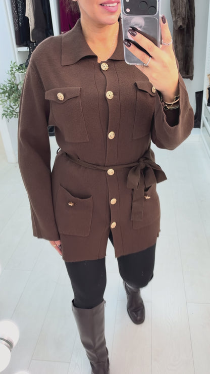 Danela Button Front Belted Longline Collared Jumper