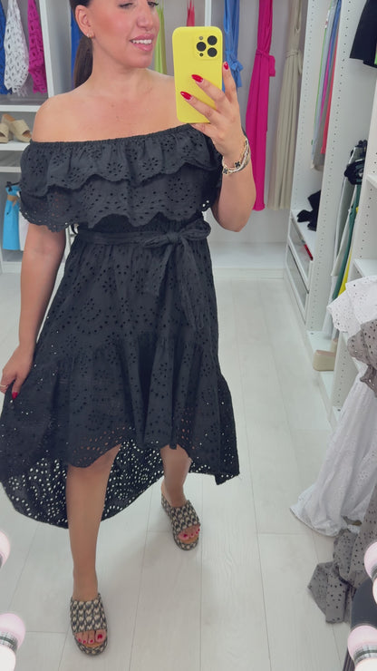 Charmaine Broidery Anglaise Dipped Hem Bardot Dress