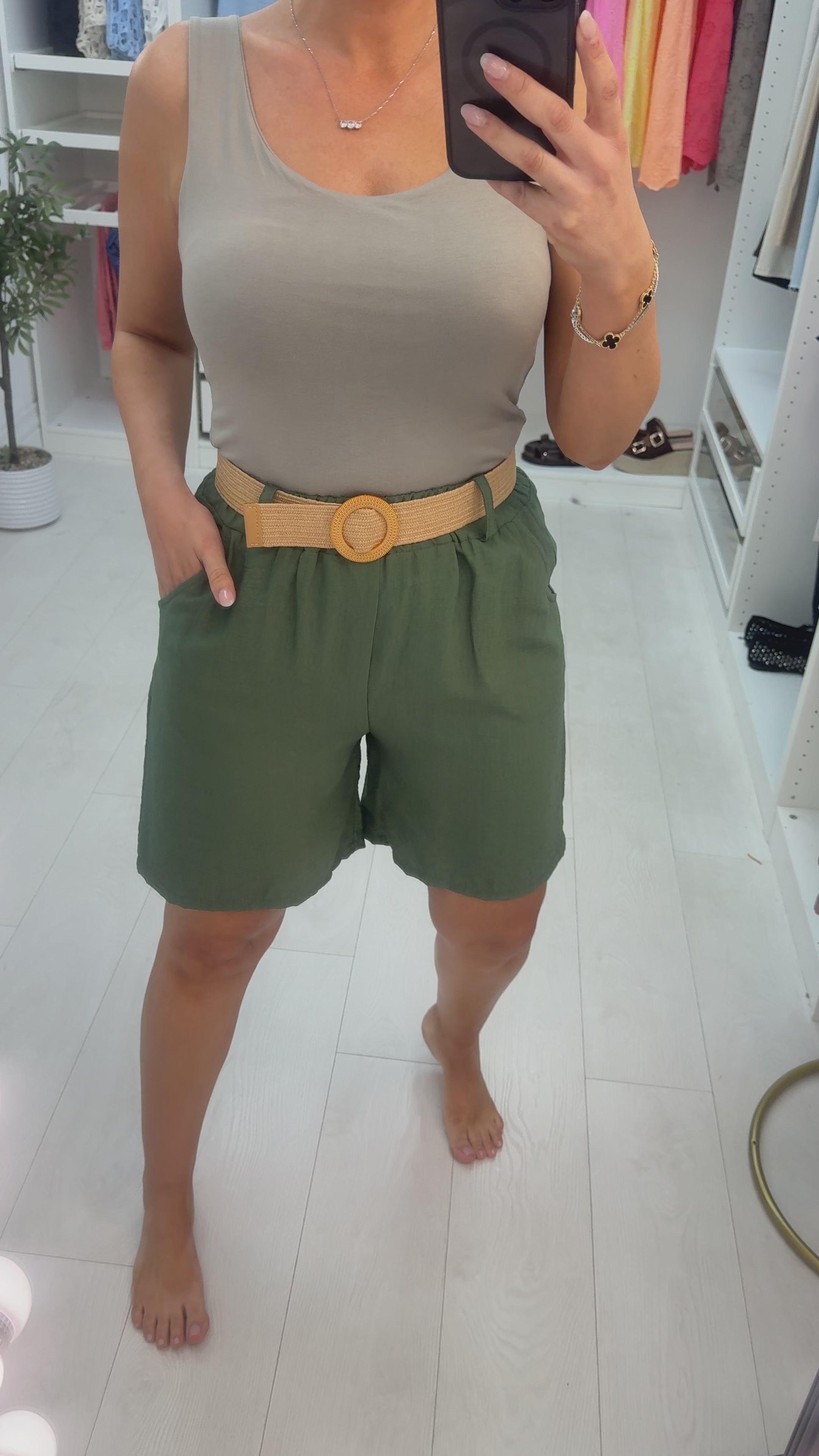 Load video: Nina Plain Elasticated Waist Belted Shorts