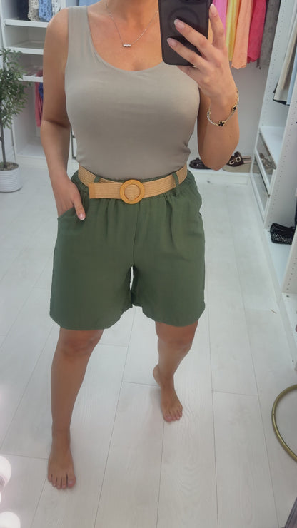 Nina Plain Elasticated Waist Belted Shorts