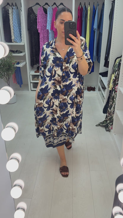 Marline Floral Print Button Front Loose Fit Dress