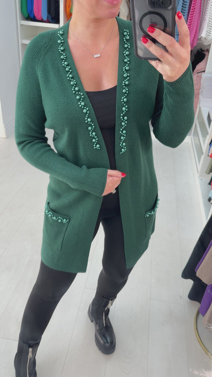 Zahara Longline Pearl Stone Detail Cardigan