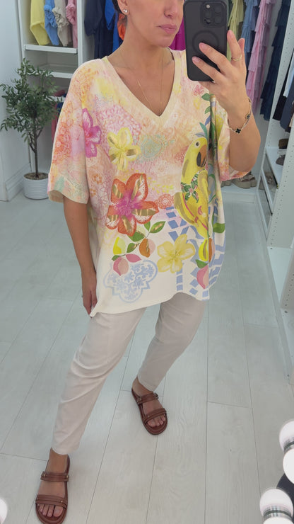 Camille Parrot Print Loose Fit V Neck Top