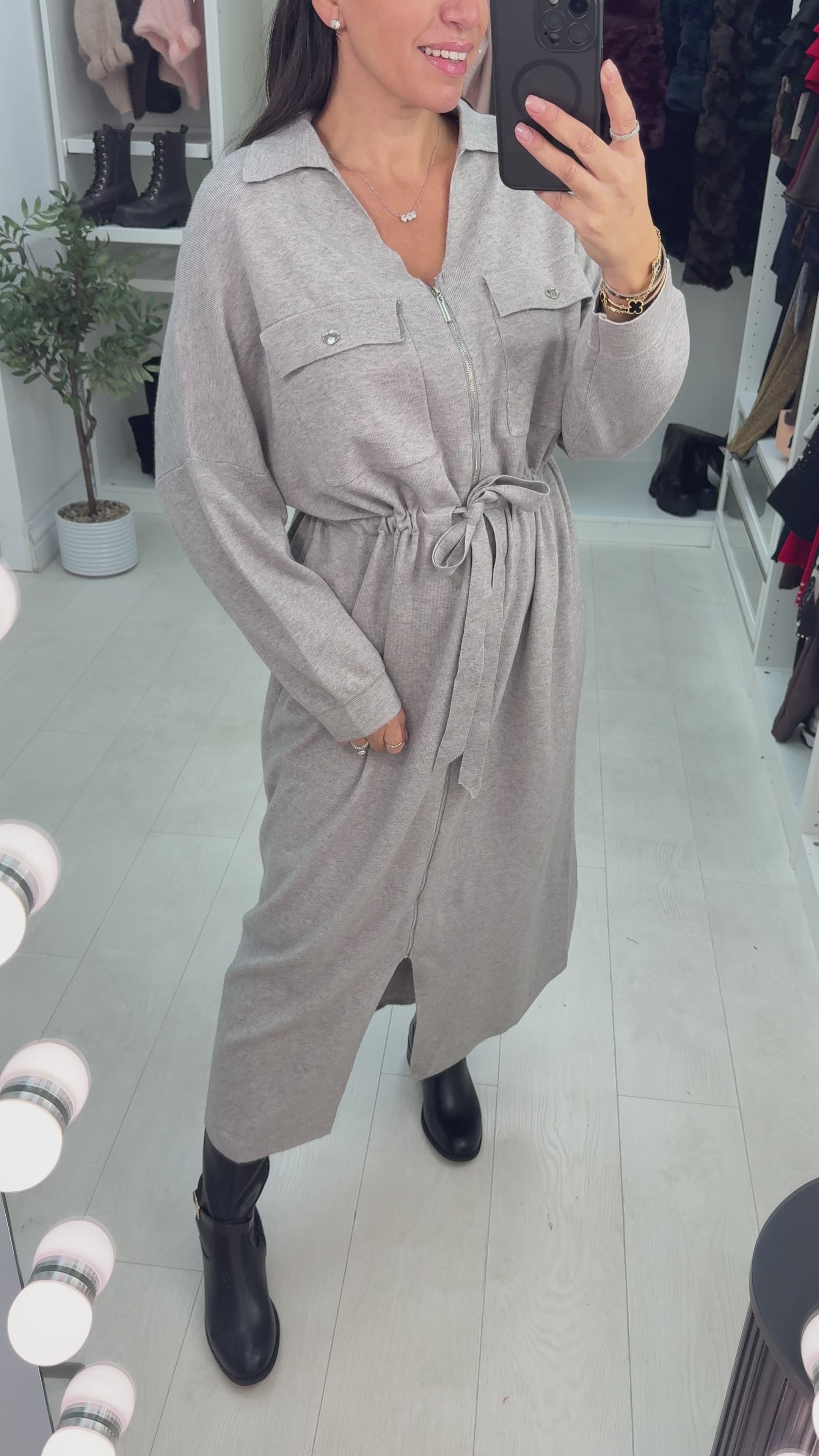 Load video: Laurin Plain Zip Front Tie Waist Maxi Jumper Dress