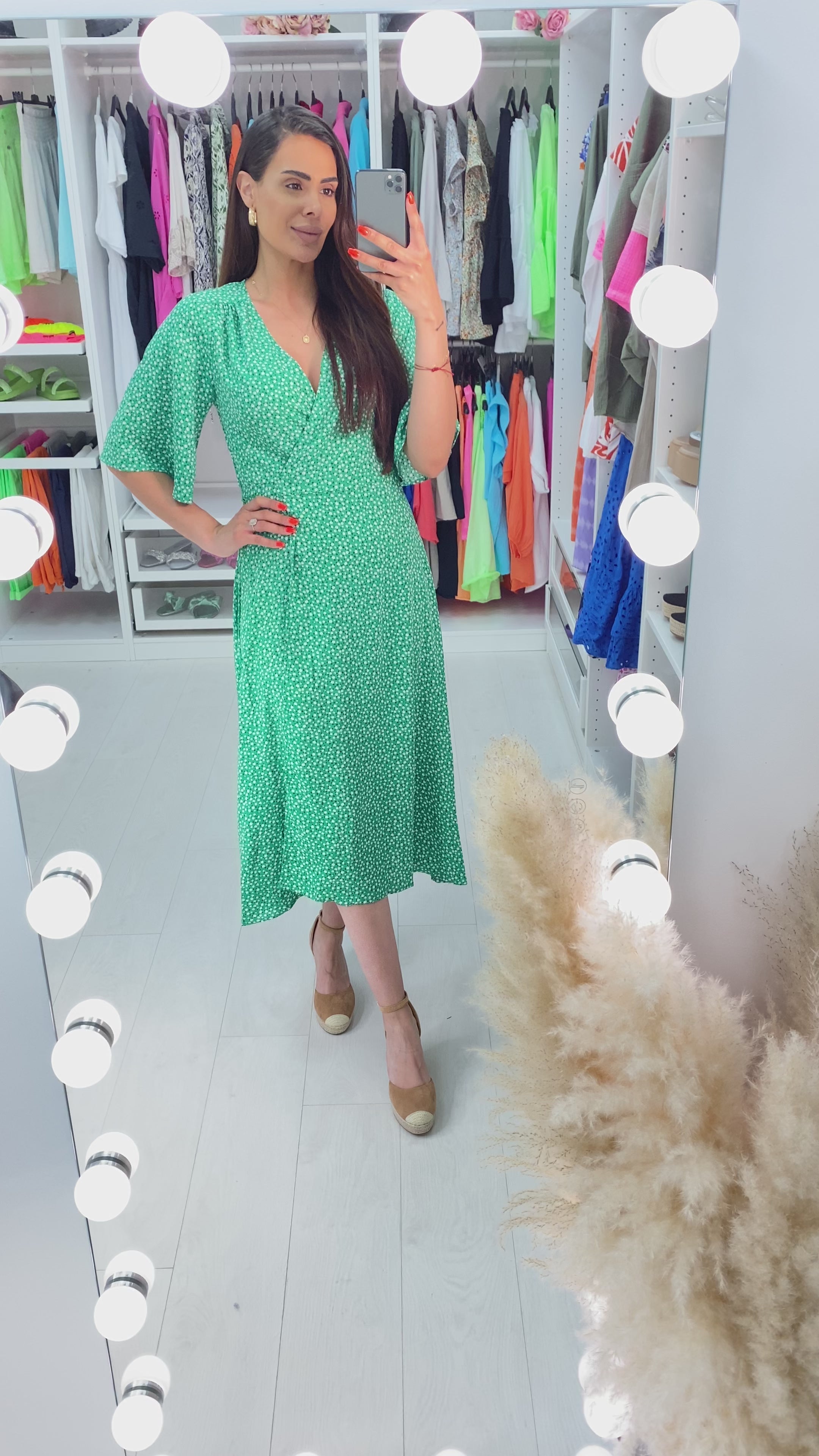Load video: Evset Emerald Ditsy Print Wrap Midi Dress