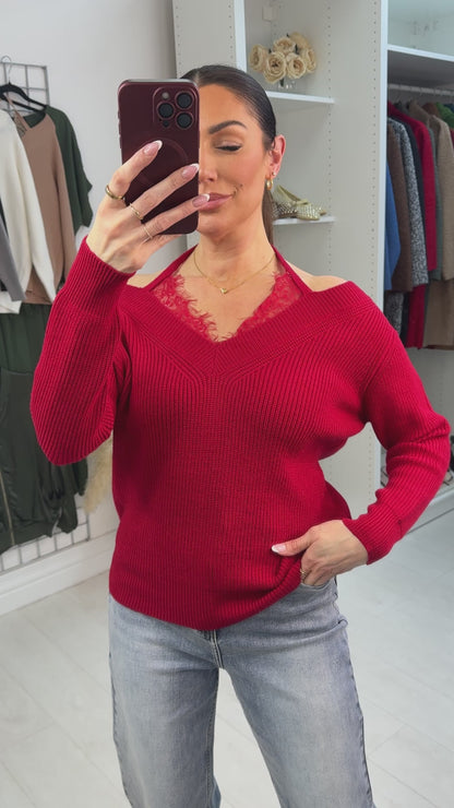 Cambria V Neck Lace Detail Knitted Jumper