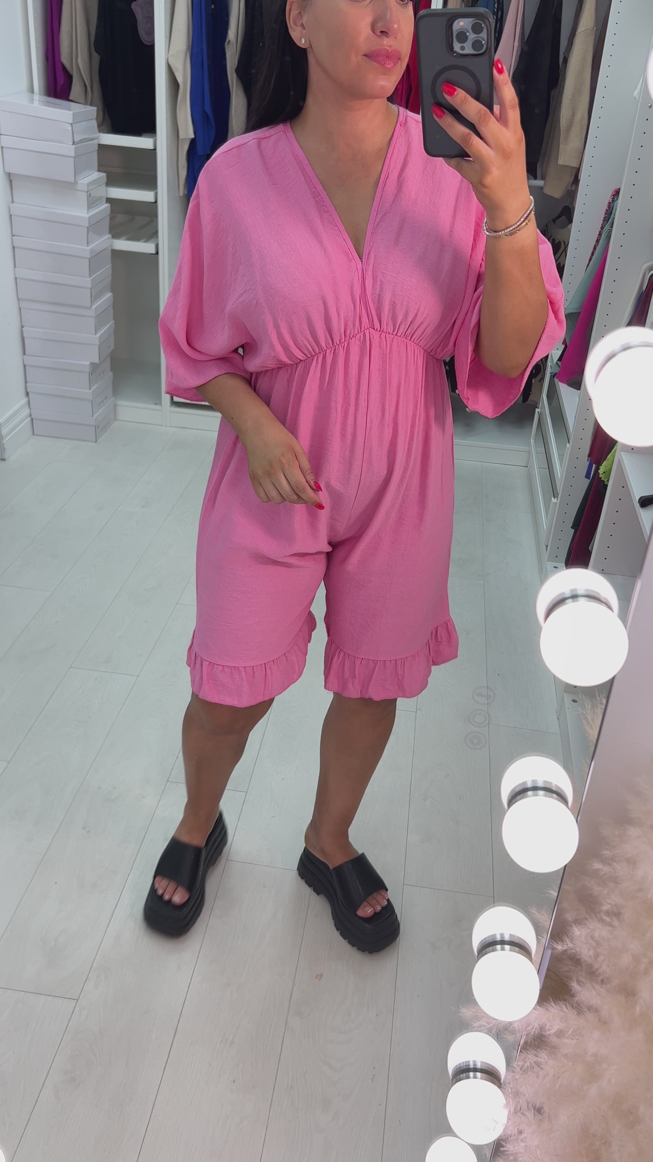 Load video: Aicha V Neck Drop Sleeve Ruffle Hem Playsuit