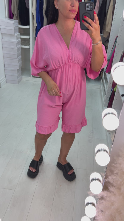 Aicha V Neck Drop Sleeve Ruffle Hem Playsuit