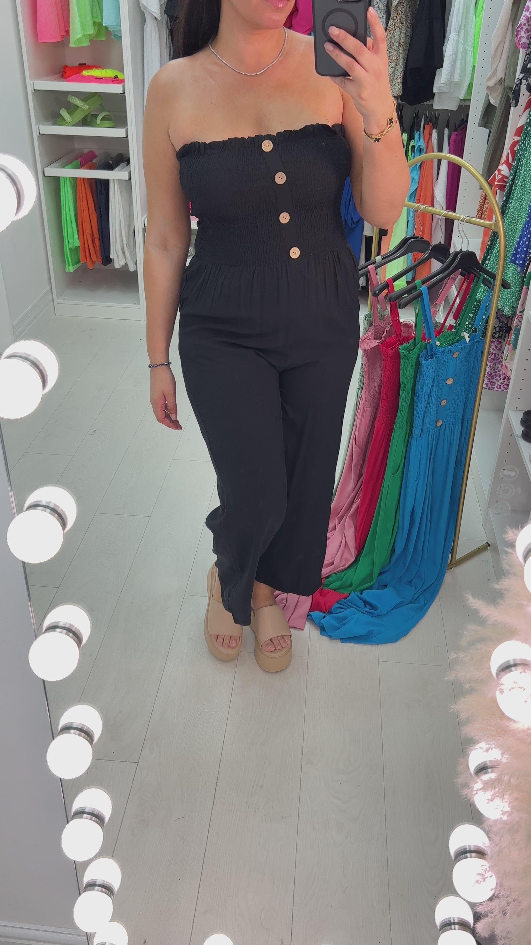 Rodi Elasticated Bust Button Detail Plain Jumpsuit