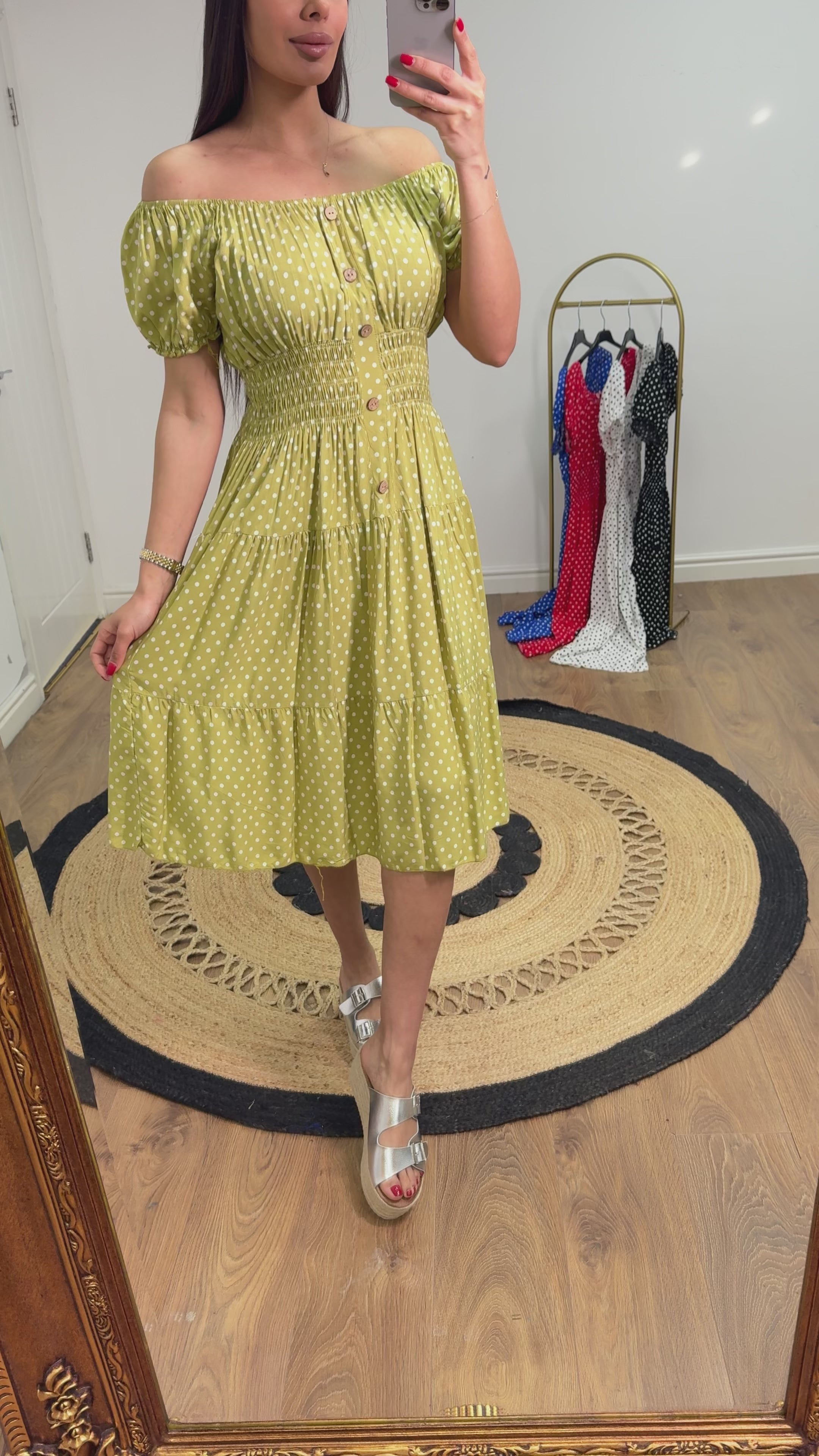 Izlem Polka Dot Print Button Detail Midi Dress