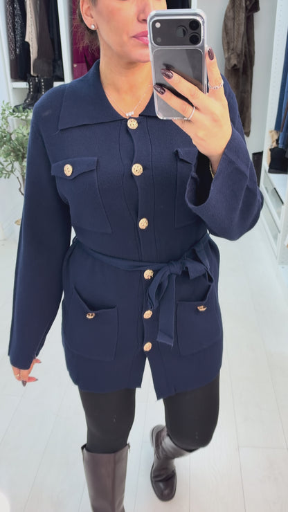 Danela Button Front Belted Longline Collared Jumper