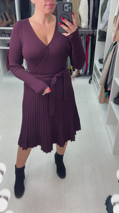 Scarlie Knitted Plain Pleat Swing Wrap Dress