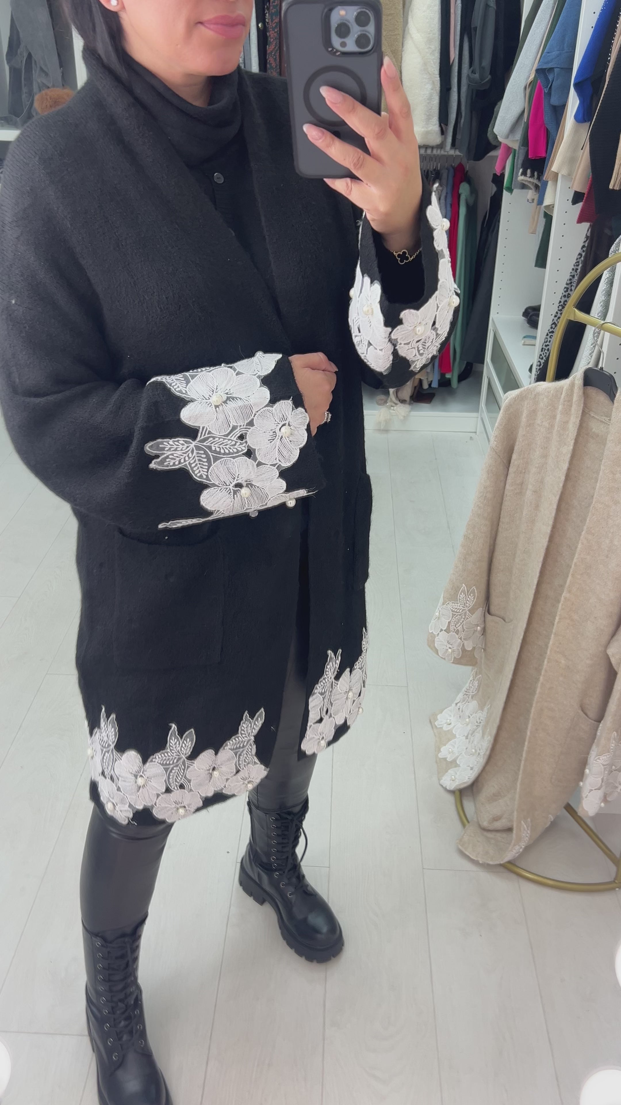 Francesca Pearl and Floral Appliqué Detail Cardigan