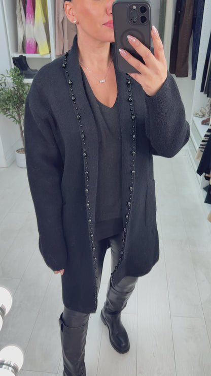 Ebbie Plain Pearl Trim Longline Cardigan
