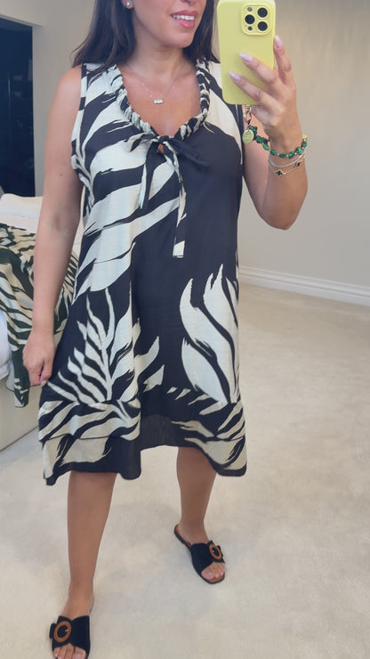 Ellerie Sleeveless Leaf Print Smock Midi Dress