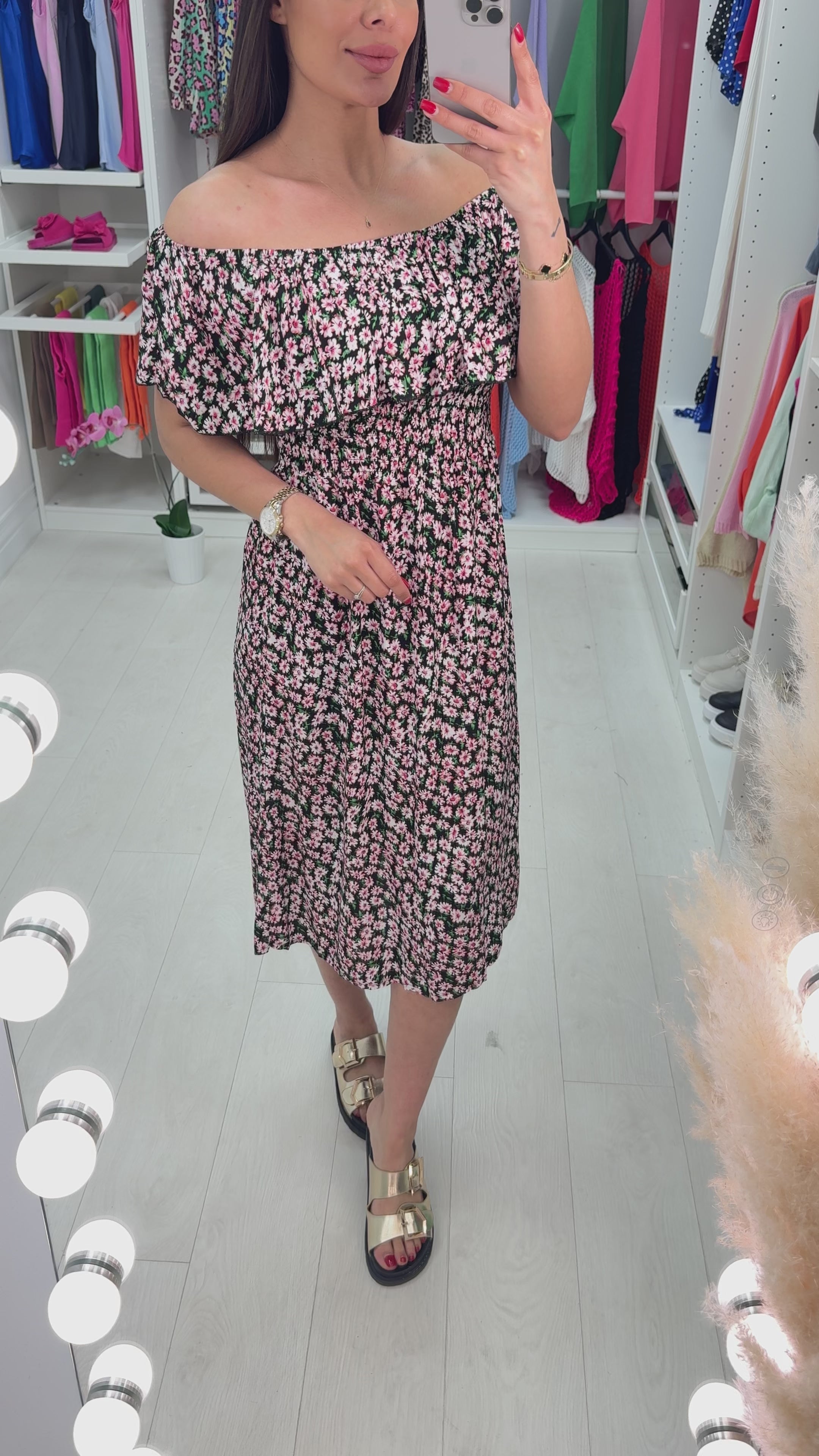 Load video: Miray Floral Print Bardot Frill Dress