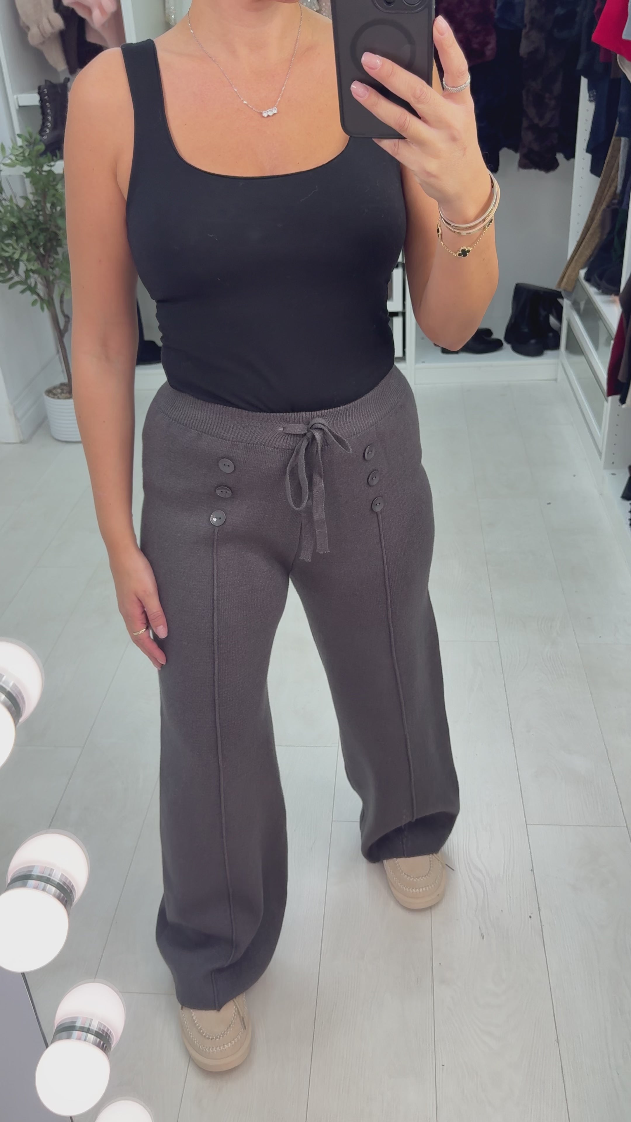 Load video: Vivy Plain Button Detail Knitted Straight Leg Trousers