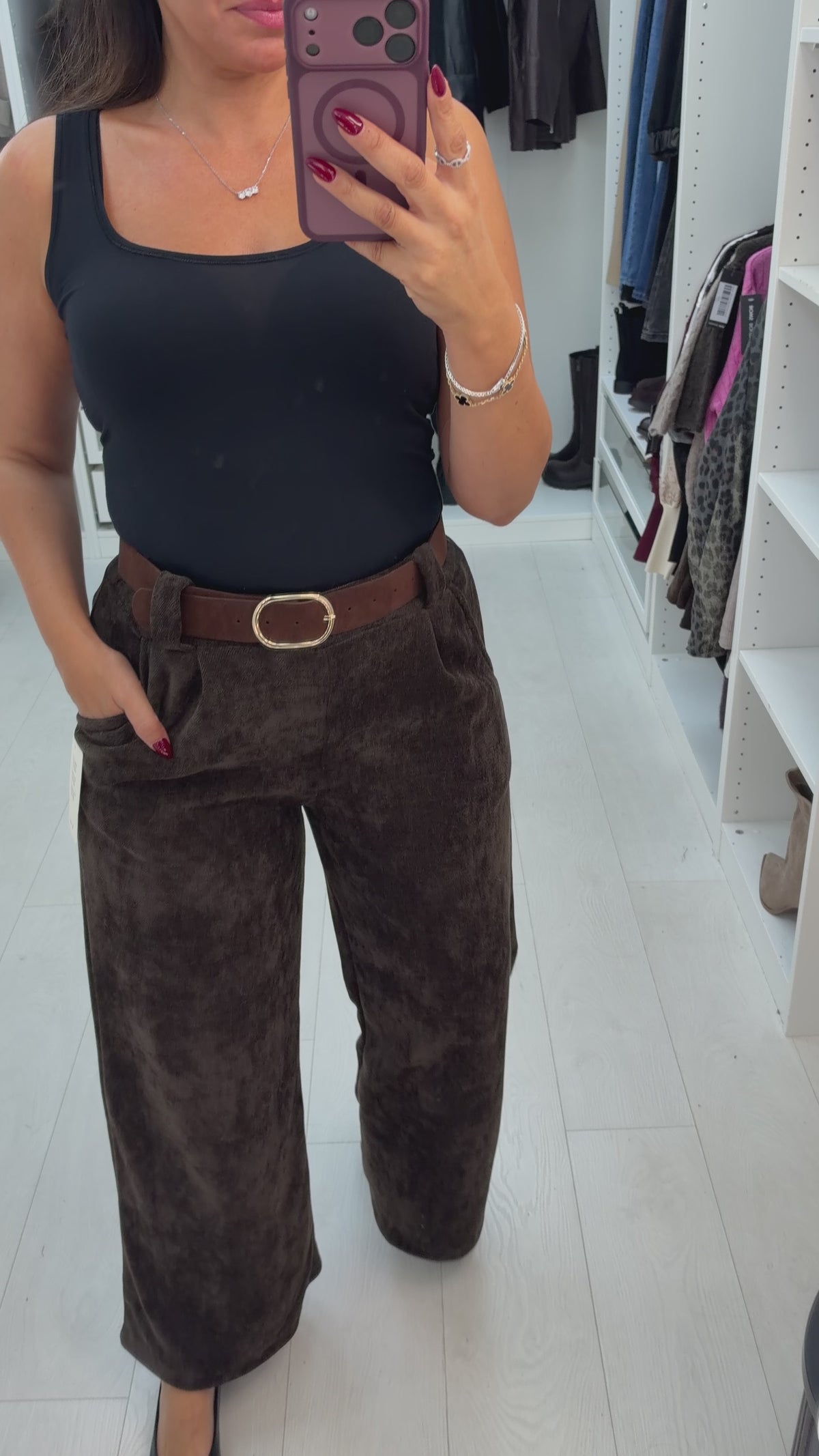 Load video: Ivetta Plain Corduroy Belted Wide Leg Trousers