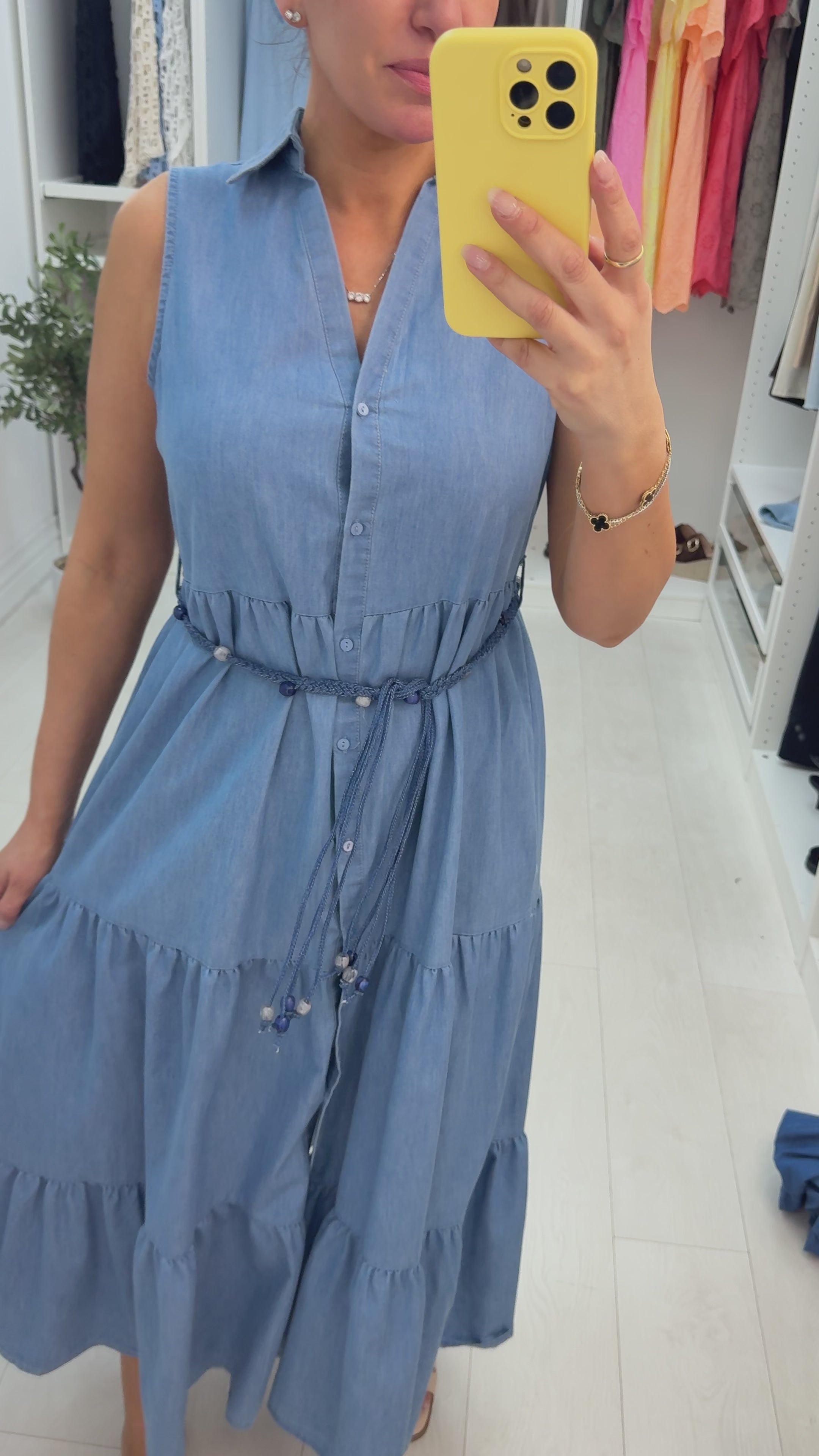 Load video: Rosalyn Belted Denim Maxi Smock Dress