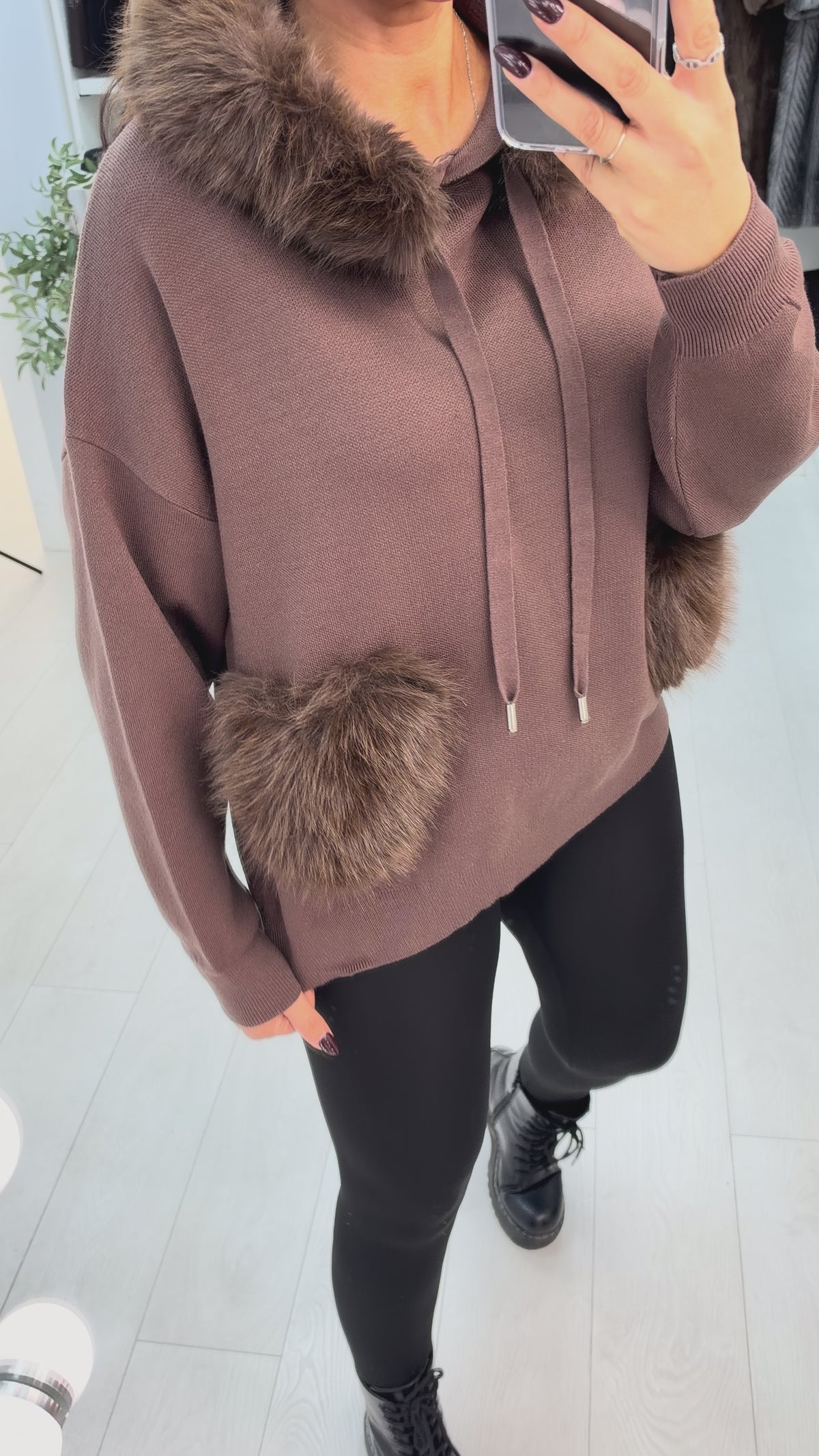 Belina Plain Faux Fur Detailed Pocket Front Hoodie